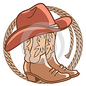 Cowboy boots and cowboy hat with rodeo lasso isolated on white. Vector western illustration with Western cowboy elements