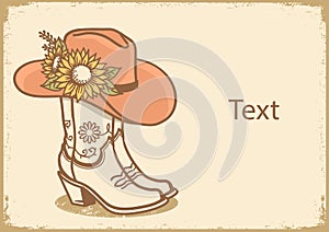 Cowboy boots and cowboy hat with sunflowers decoration. Cowgirl boots vector vintage illustration. Country wedding hand drawn