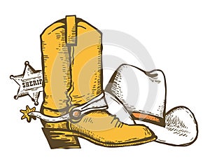 Cowboy boots and cowboy hat. Vintage Wild West clothes hand drawn illustration with sheriff star. Vector country ranch isolated on