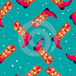 Cowboy boots with flowers and hearts on vibrant blue background, seamless pattern. Cute festive repeat pattern. Bright colorful