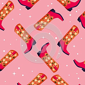 Cowboy boots with flowers and hearts on vibrant pink background, seamless pattern. Cute festive repeat pattern. Bright colorful