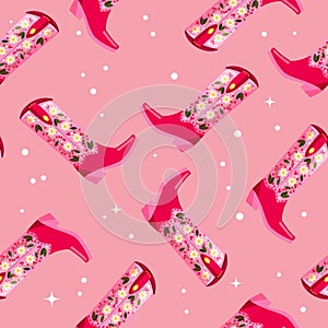 Cowboy boots with flowers and hearts on vibrant pink background, seamless pattern. Cute festive repeat pattern. Bright colorful