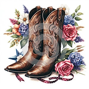 Cowboy boots with flowers and ribbons. Watercolor illustration