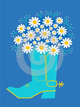 Cowboy boots and flowers. Vector cowboy boot and fresh chamomile bouquete on blue background. Country decoration for design. photo