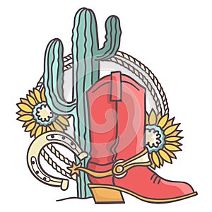 Cowboy boots and green cactus. Countryside vector color illustration with horseshoe and lasso isolated on white background.