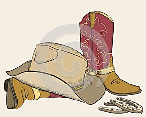 Cowboy boots and hat for design.