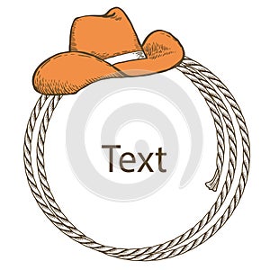 Cowboy boots , cowboy hat and lasso. Vector American style vintage illustration of Cowboy Ranch Concept isolated on white