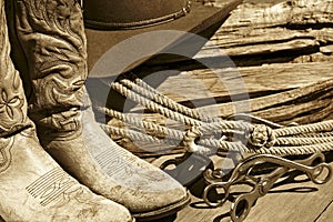 Cowboy Boots, Hat, Rope & Bits (Sepia) photo