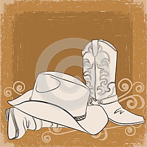 Cowboy boots and hat.Vector grunge background