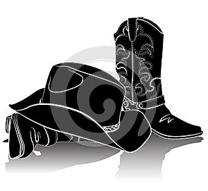 Cowboy boots and hat.Vector grunge background