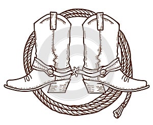 Cowboy boots and lasso. Vector brown hand drawn illustration with cowboy boots and rodeo lasso