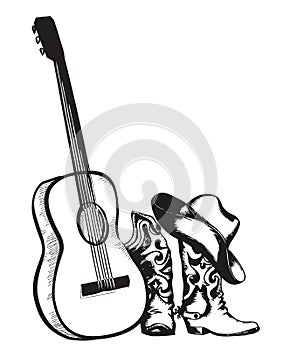 Cowboy boots and music guitar on white
