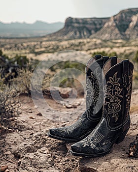 Cowboy boots in a rugged desert landscape