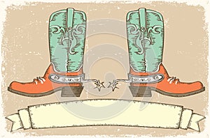 Cowboy boots and scroll for text . Vintage style