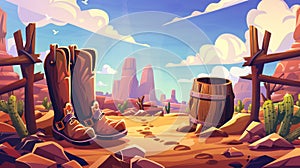 Cowboy boots with spur on American ranch. Modern illustration of wild west landscape, western desert with wooden fence