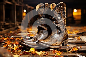 Cowboy boots, spurs, lasso on weathered barn floor