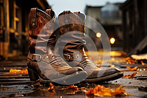 Cowboy boots, spurs, lasso on weathered barn floor