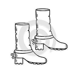 Cowboy boots with spurs, vector doodle illustration. Western concept icon isolated on a white background