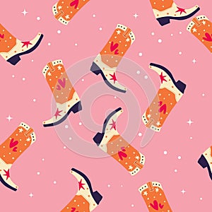 Cowboy boots with stars and hearts on pink background, seamless pattern. Cute festive repeat pattern. Bright colorful vector