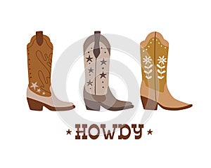 Cowboy boots vector isolated elements. Wild western poster. Text howdy. Retro western illustration