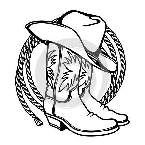 Cowboy boots and western hat and cowboy lasso. Vector graphic hand drawn illustration rodeo cowboy clothes isolated on white for