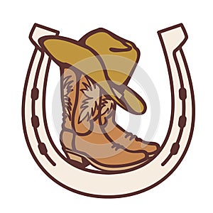 Cowboy boots and western hat in horseshoe sign. Vector graphic cowboy Welcome sign color printable illustration horseshoe rodeo