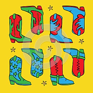 COWBOY BOOTS ON YELLOW Background Vector Illustration Set