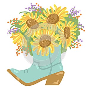 Cowboy boots with yellow sunflowers bouquet decoration. Country western boots vector color illustration Country wedding decor