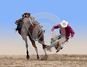 Cowboy bucked of a bucking Bronco photo