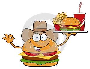 Cowboy Burger Cartoon Mascot Character Holding A Platter With Burger, French Fries And A Soda