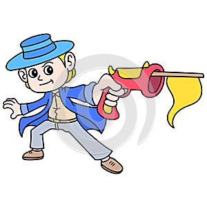 Cowboy carrying gun with feint shot, doodle icon image kawaii