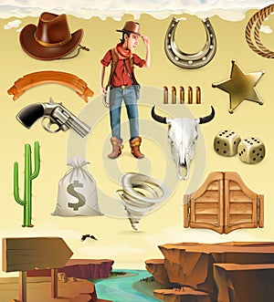 Cowboy cartoon character and objects. 3d vector icon set