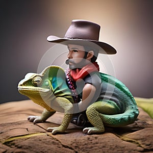 A cowboy chameleon in a cowboy hat and boots, wrangling miniature toy cattle1 photo