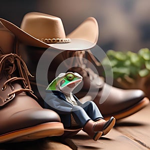 A cowboy chameleon in a cowboy hat and boots, wrangling miniature toy cattle3 photo