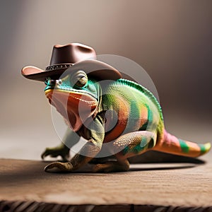 A cowboy chameleon in a cowboy hat and boots, wrangling miniature toy cattle4 photo