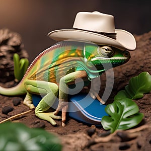 A cowboy chameleon in a cowboy hat and boots, wrangling miniature toy cattle5 photo