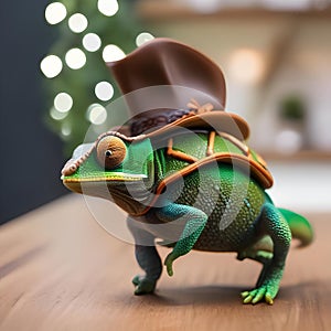 A cowboy chameleon in a cowboy hat and boots, wrangling miniature toy cattle2
