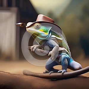 A cowboy chameleon with a ten-gallon hat, boots, and a lasso on the wild west range1