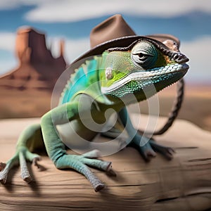 A cowboy chameleon with a ten-gallon hat, boots, and a lasso on the wild west range2