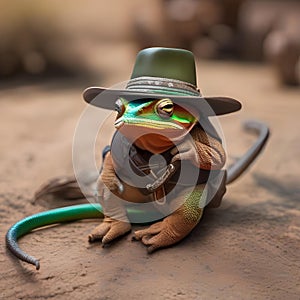 A cowboy chameleon with a ten-gallon hat, boots, and a lasso on the wild west range3