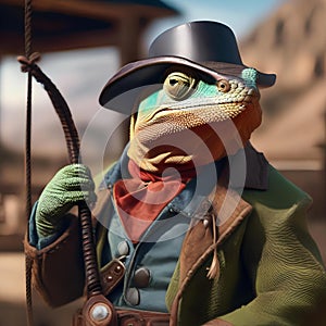 A cowboy chameleon with a ten-gallon hat, boots, and a lasso on the wild west range4