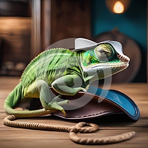 A cowboy chameleon with a ten-gallon hat, boots, and a lasso on the wild west range5