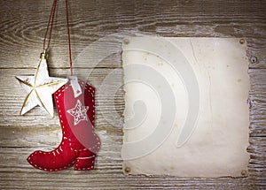 Cowboy christmas background with western toys boot and star on o