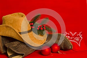 Cowboy Christmas card.American West traditional boots and hat on