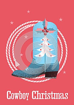 Cowboy christmas card background with western boot and lasso.