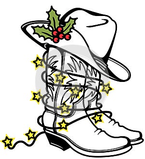 Cowboy Christmas color printable Cowboy boots and hat with holiday lights. Western boots and hat