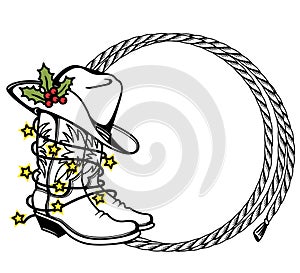 Cowboy Christmas printable Cowboy boots and hat with holiday lights. Western boots and hat background with rope frame for text