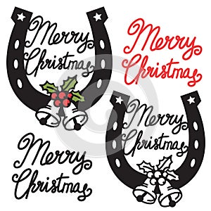 Cowboy Christmas symbol with lucky horseshoe and bells. Vector black graphic silhouette rodeo Christmas isolated on white