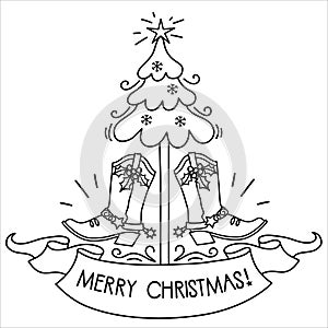 Cowboy Christmas. Vector hand drawn illustration with Cowboy boots and Christmas tree decoration and holiday text on scroll paper