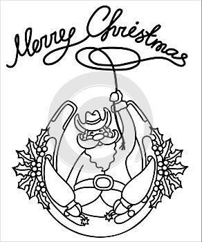 Cowboy christmas. Vector Santa with cowboy boots and hat sit on horseshoe decorated holly berry and hold lasso christmas text